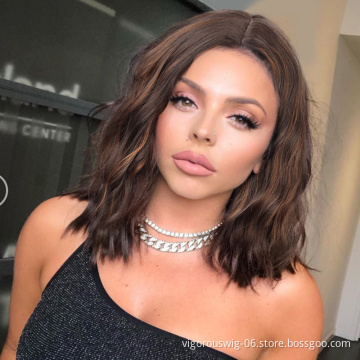 Vigorous Fiber Body Wave Short Highlight Mixed Brown Black U Part Swiss Lace Front Synthetic Wigs Heat Resistant Bob
